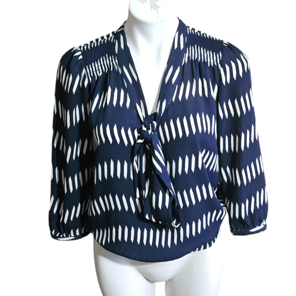 The Limited Outlet Tie Neck Blouse Navy & White Size XS